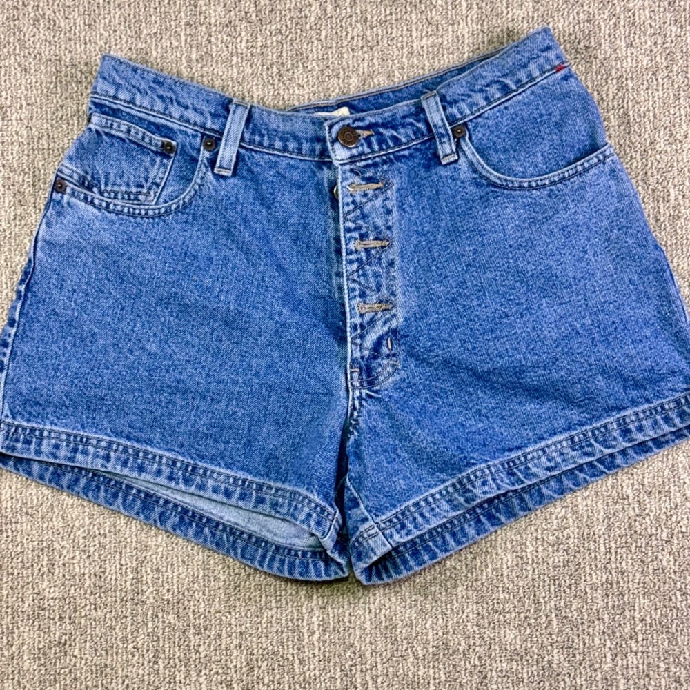 Vintage 90s Graphite Button Fly High Rise Denim Shorts Women's 30 USA Flag Patch